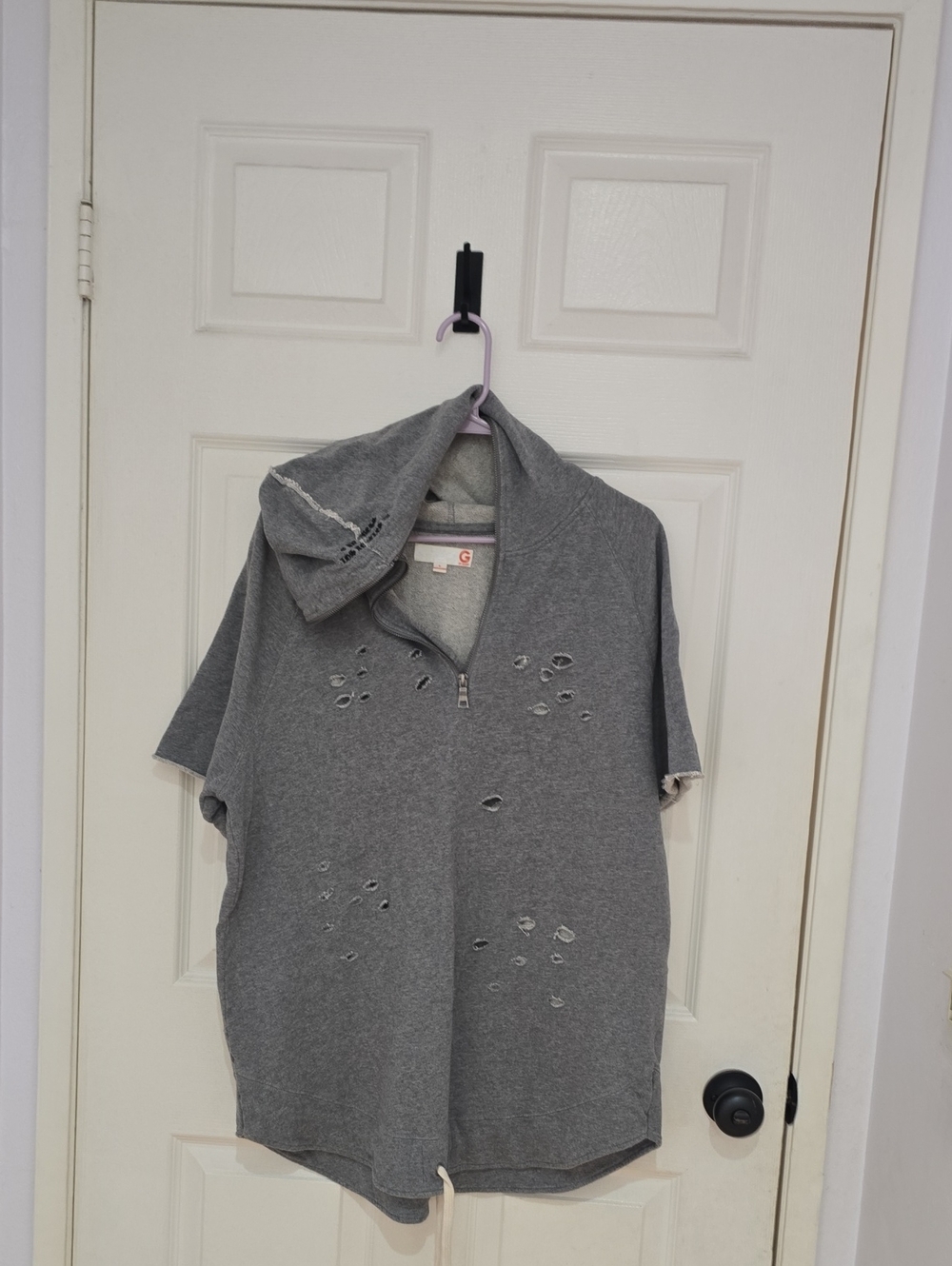 Guess Gray Distressed Short-Sleeve Half-Zip Hoodie